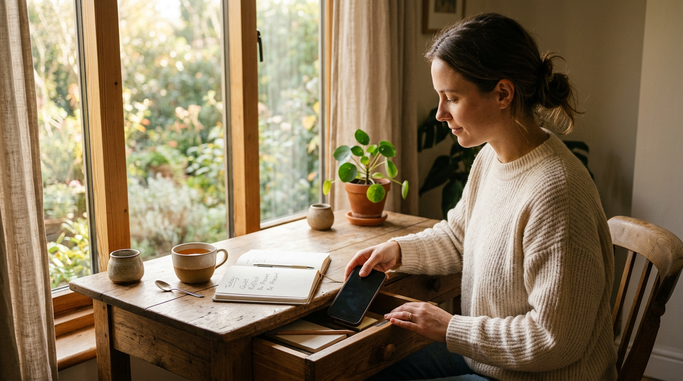 Digital Detox — a person putting away their phone at a desk with tea and a notebook